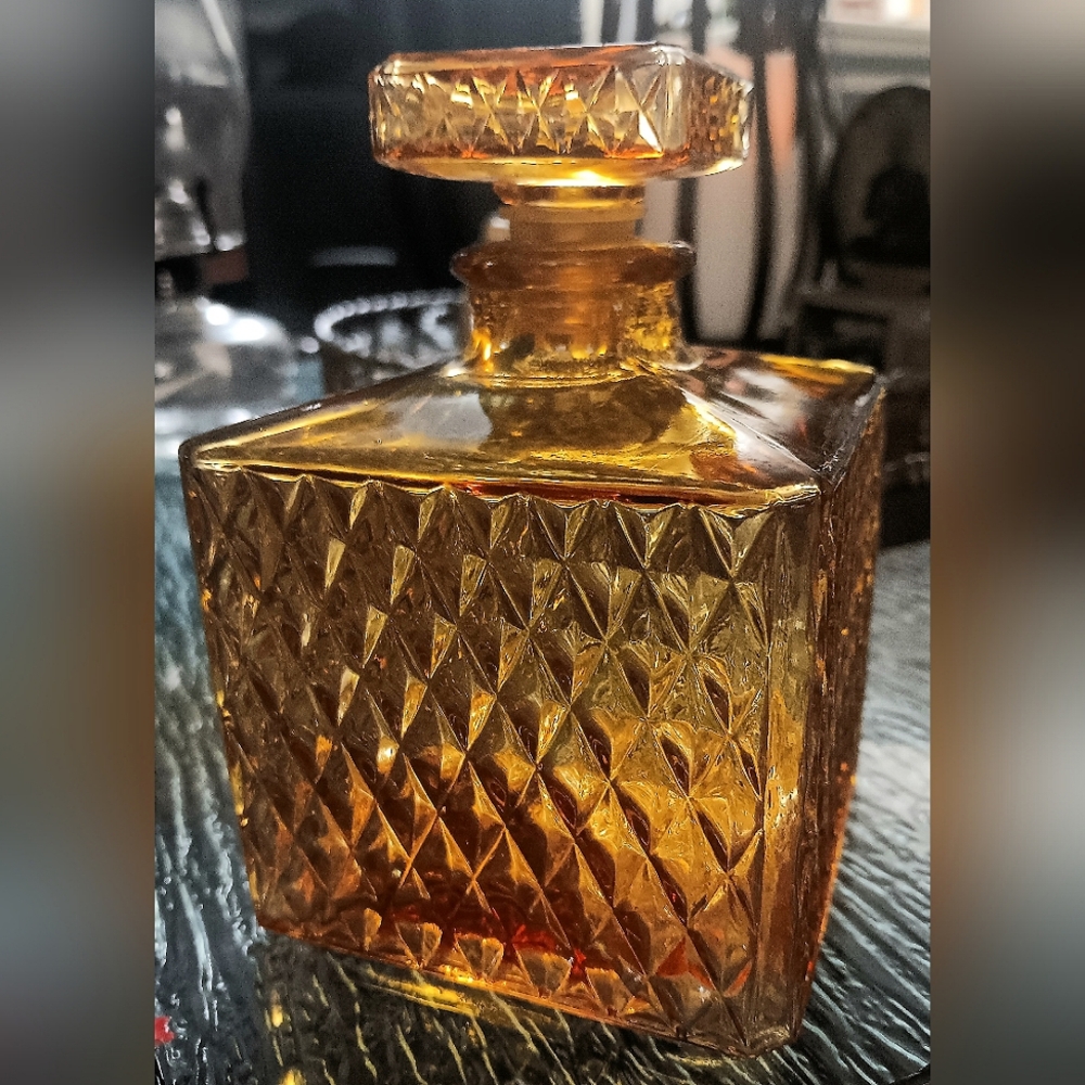 Vintage 70's Amber Color Decanter Bottle - Square - Diamond Point w/ Topper